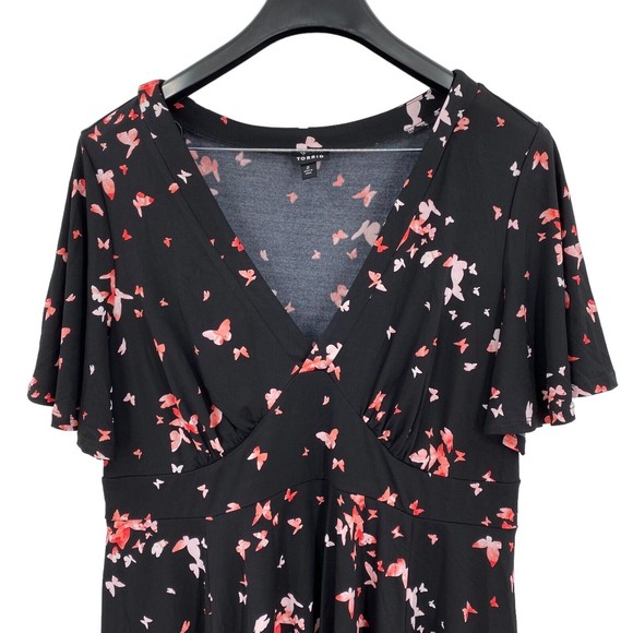 Torrid Size 2X Dress Black Butterfly Print V-Neck Flutter Fit Flare Above Knee - Picture 4 of 9